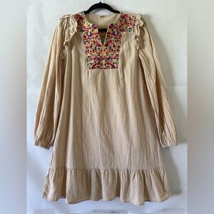 Kirundo Beige Boho Embroidered Shift Dress Size M Long Sleeve Peasant Cottage